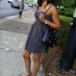 navy blue and white polka dot dress